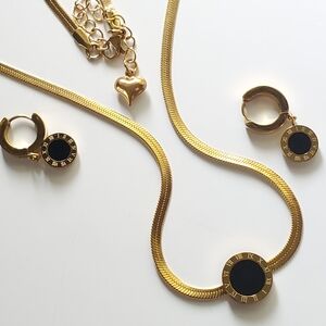 Elegant Stainless Steel Herringbone Pendant Necklace and Earrings Set